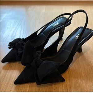 Zara Black Pointed Bow Slingback Heels